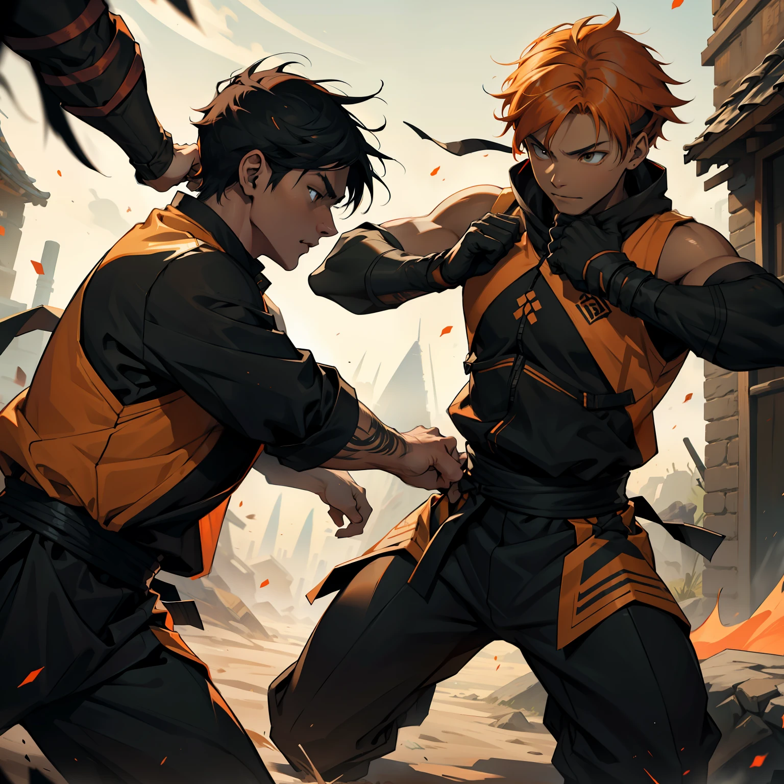 주변에서 오렌지색과 검은색의 로르 에너지가 솟아오른다 주황색 머리의 15세 닌자 두 명과 검은 머리의 한 명 사이의 전투 장면