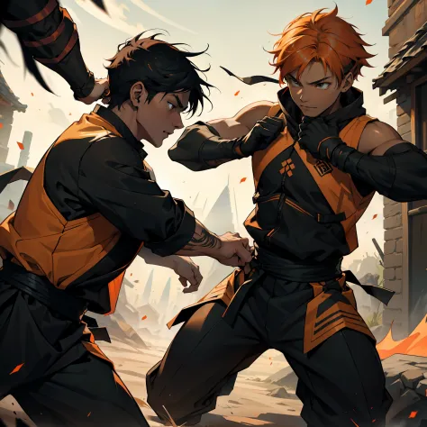 Orange and black lor energy comes out of his surroundings Battle scene between two 15-year-old ninjas with orange hair and the o...
