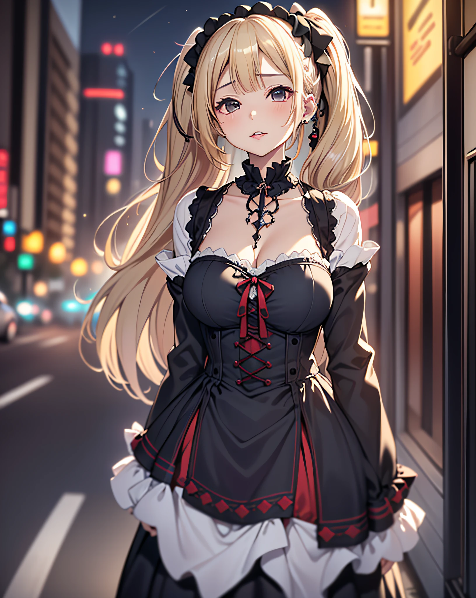 ((1mature lady:1.3, age of 45)), (standing on a dark street), (highway lights), (calm lighting), (night), sexy pose, (very delicate and beautiful work), (masterpiece), one girl, ((wearing in a gothic Lolita dress:1.37, gothic Lolita fashion:1.5)), very detailed and leaky waist, attractive look, beautifully clear eyes, ((blonde twin-tails hair:1.5)), delicate necklace, delicate earrings, simple blurred background, extreme detailed description, beautiful, attractive, Super fine painting, pretty face, big, big, big, big, fine body, fine collarbone, beautiful lips, smooth ass, mix4, (8k, RAW photo, top quality, masterpiece: 1.37), (realistic, realistic: 1.37), one girl, cute, cityscape, night, humidity, professional lighting, photon mapping, radiation, physics cs-based rendering