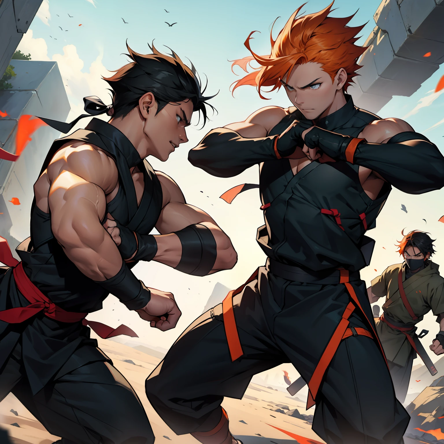 Scène de bataille entre deux ninjas de 15 ans aux cheveux orange et les autres cheveux noirs