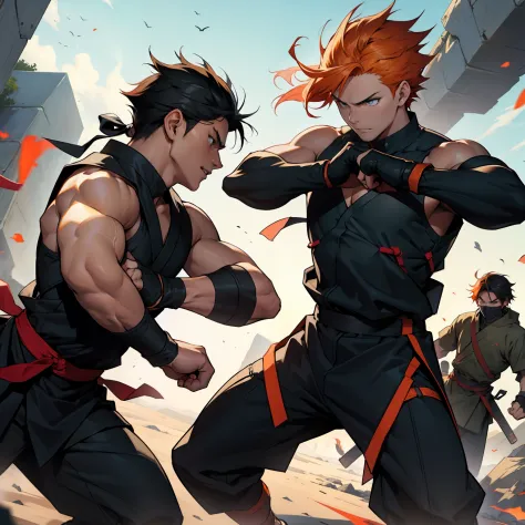 battle scene between two 15-year-old ninjas with orange hair and the other black hair