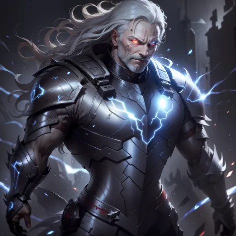 A mature man with resolute expression armor, red eyes with particle light effects, and light effects next to his eyes