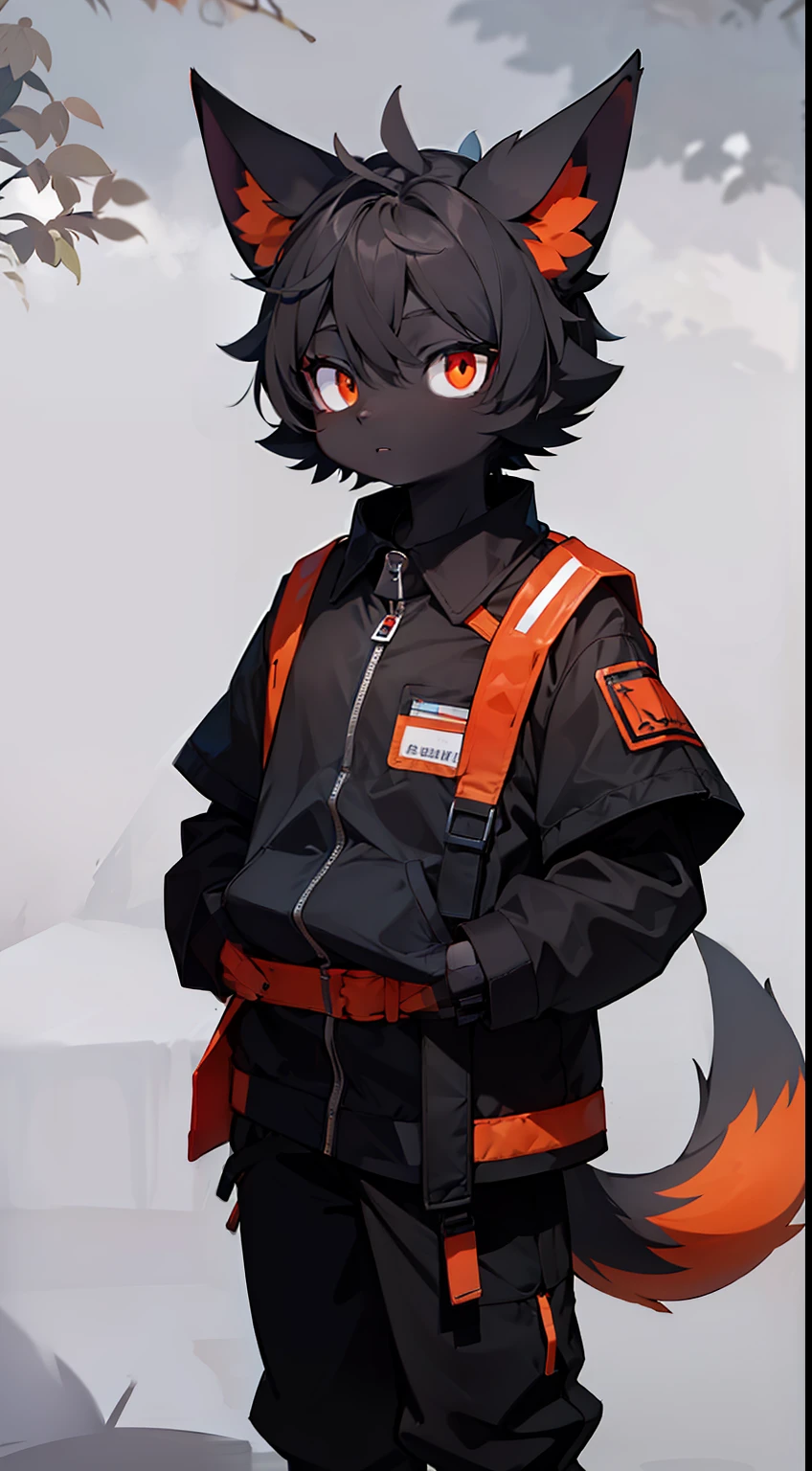 Black Humanoid Dog, Sad City, in medical clothing, red-orange eyes, Very detailed, relaxed pose, Full-length