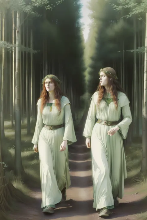 (((pre-raphaelite celtic painting of two druids converse in a forest of quivering poplars, floresta, cogumelos, tons suaves, pai...