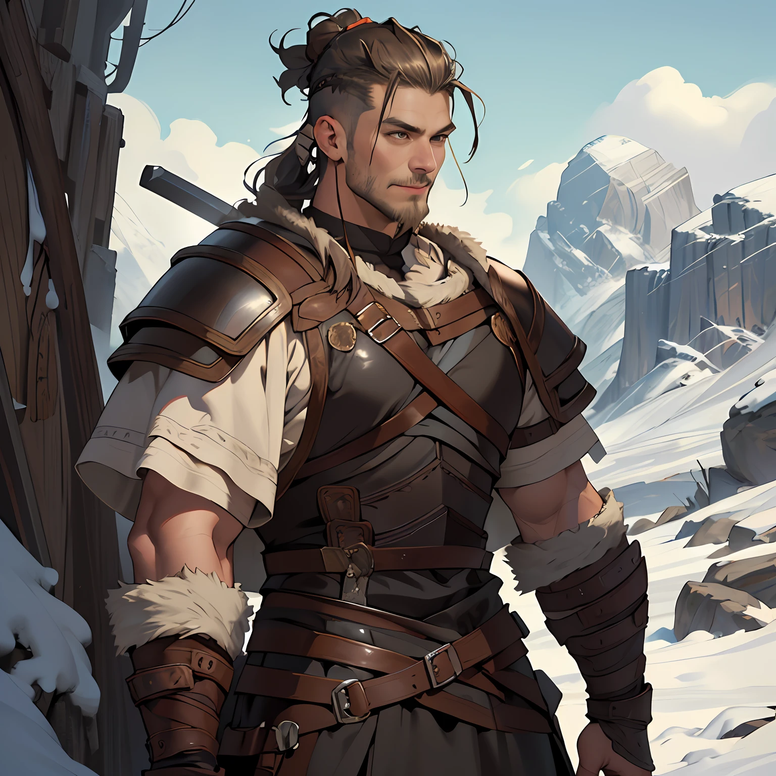 ((Cinematic light, Best quality, 8k, Masterpiece :1.3)), (extremely detailed:1.2), (extremely detailed face), (photorealistic:1.2), (ultra detailed), 8k, (((1guy))), man, ((full body shot)), ((brown man bun)), crazy smile,  look at viewer, snowy mountains background, 8k, uhd, soft lighting, high , 8k, golden ratio, intricate, High Detail, soft focus, brown, ((viking clothing)), (viking clothing), ((front body)), leather pauldrons, leather multi pauldrons, boy, leather archer armor, beautiful, ((fair skin)), viking, ((undercut man bun)), looking from the side at the viewer, smile, ((look at viewer)), ((shaved chin)), (leather), leather shoulder guard, leather armor, leather shoulders, (((viking armor))), runes on clothing, (((skinny)))