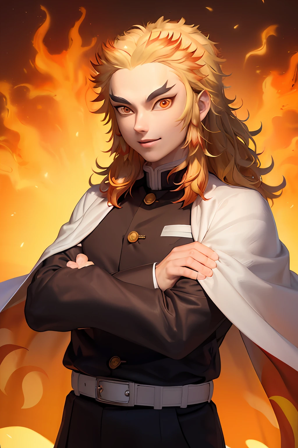 (masutepiece, Best Quality:1.2), Orange theme, Cowboy Shot, Solo, Male Focus, 1boy, rengoku kyojuro, grin, Looking at Viewer, arms folded, Long hair, Bifurcated eyebrows, demon slayer uniform, Black jacket, Long sleeves, white cape, Black pants, White belt, fire