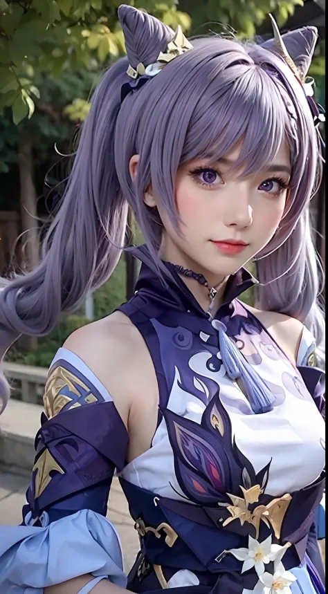 Masterpiece, Best Quality, Detail, Depth of field, ultra-realistic, realistic face and eyes, realistic skin texture, Cinematic lighting, eyes, To see your audience. 1 girl, 独奏, (frown, closed mouth), keqing_\(genshin_stroke\), Purple_eyes, purple hair, Dou...