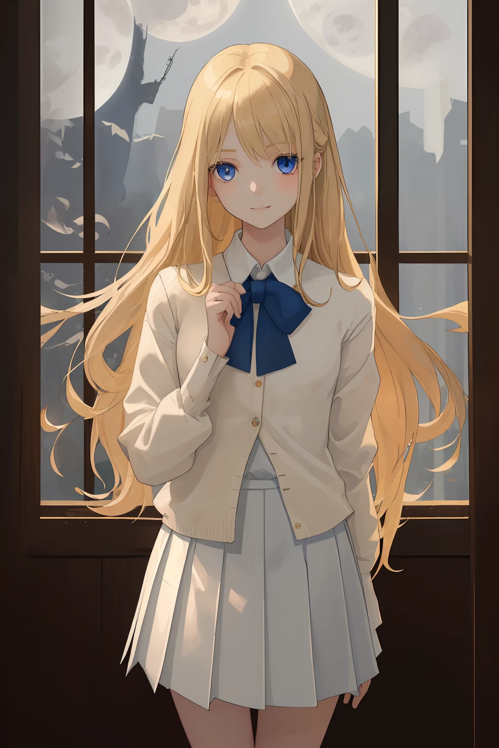 A girl of fragile physique, Regular. The girl has long blonde hair and blue eyes. beatiful face, cuteface. canny smile. Detail Eyes. The girl is dressed in a white office shirt, long pleated skirt and light brown cardigan. A girl stands in a dark wooden office with dim lighting from the moon, which shines through the window. moonlight lighting. Detailed background, detailed clothes. handsome body