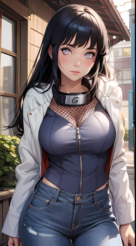 Masterpiece, highres, high Quality, detailed face, detailed body render, 1girl, solo, hyuuga hinata, hinata-sleeveless-outfit, medium breasts, , sleeveless shirt, fishnet top, dark lips, jacket,  standing, blushes,outside,jeans, hoodie