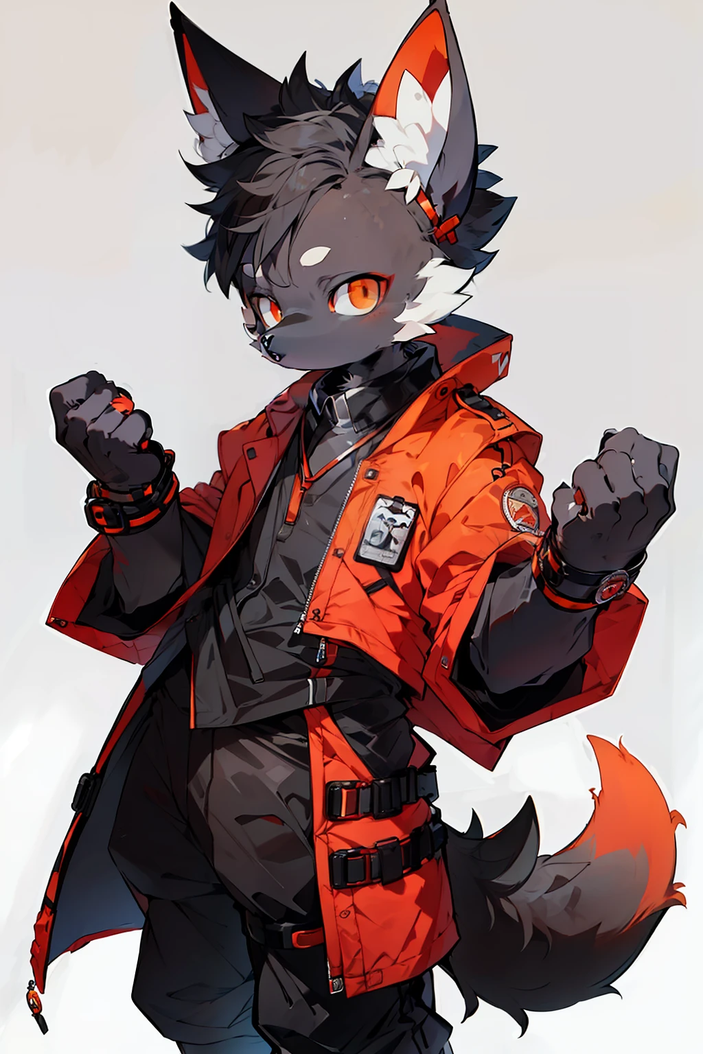 beste-Qualit, super detailed illustration, (Boy Black Humanoid Dog:1.2), Sad City, in medical clothing, red-orange eyes, Very detailed, relaxed pose, Full-length