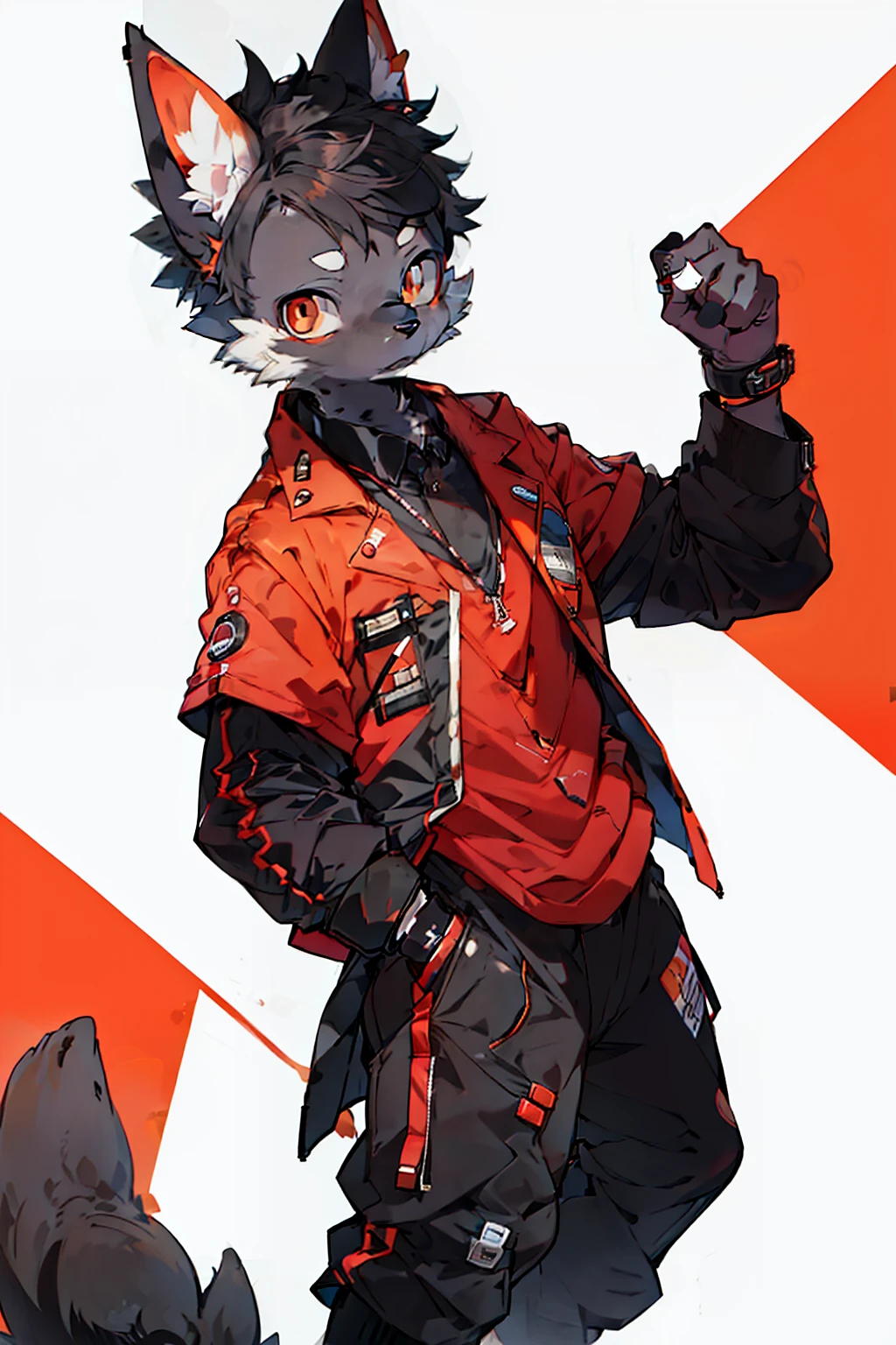 beste-Qualit, super detailed illustration, (Boy Black Humanoid Dog:1.2), Sad City, in medical clothing, red-orange eyes, Very detailed, relaxed pose, Full-length