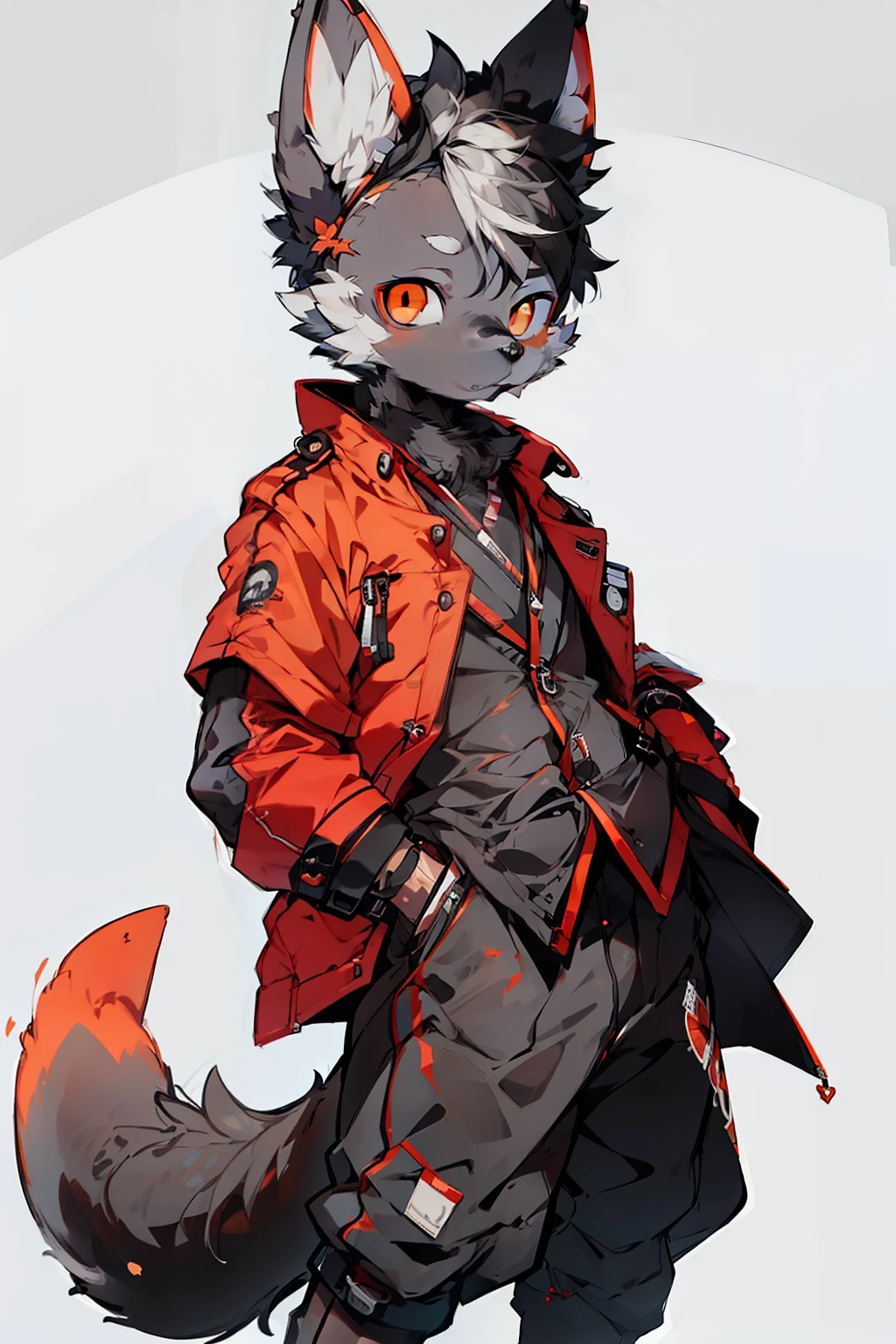 beste-Qualit, super detailed illustration, (Boy Black Humanoid Dog:1.2), Sad City, in medical clothing, red-orange eyes, Very detailed, relaxed pose, Full-length