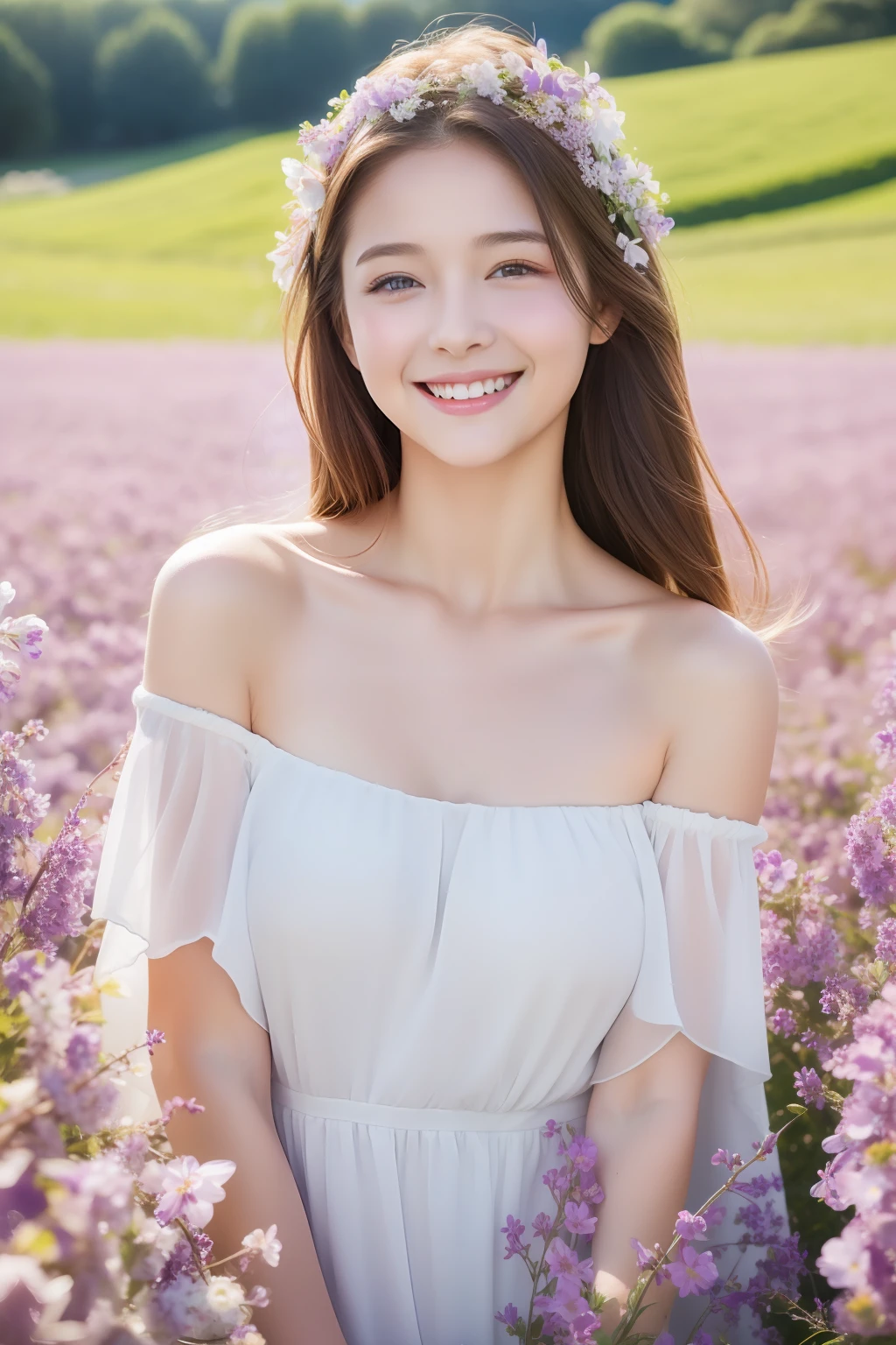 Best quality, masterpiece, ultra high res, (photorealistic:1.4), raw photo, 1girl, white dress, off shoulder, blossom violet flower field, glowing skin, light smile