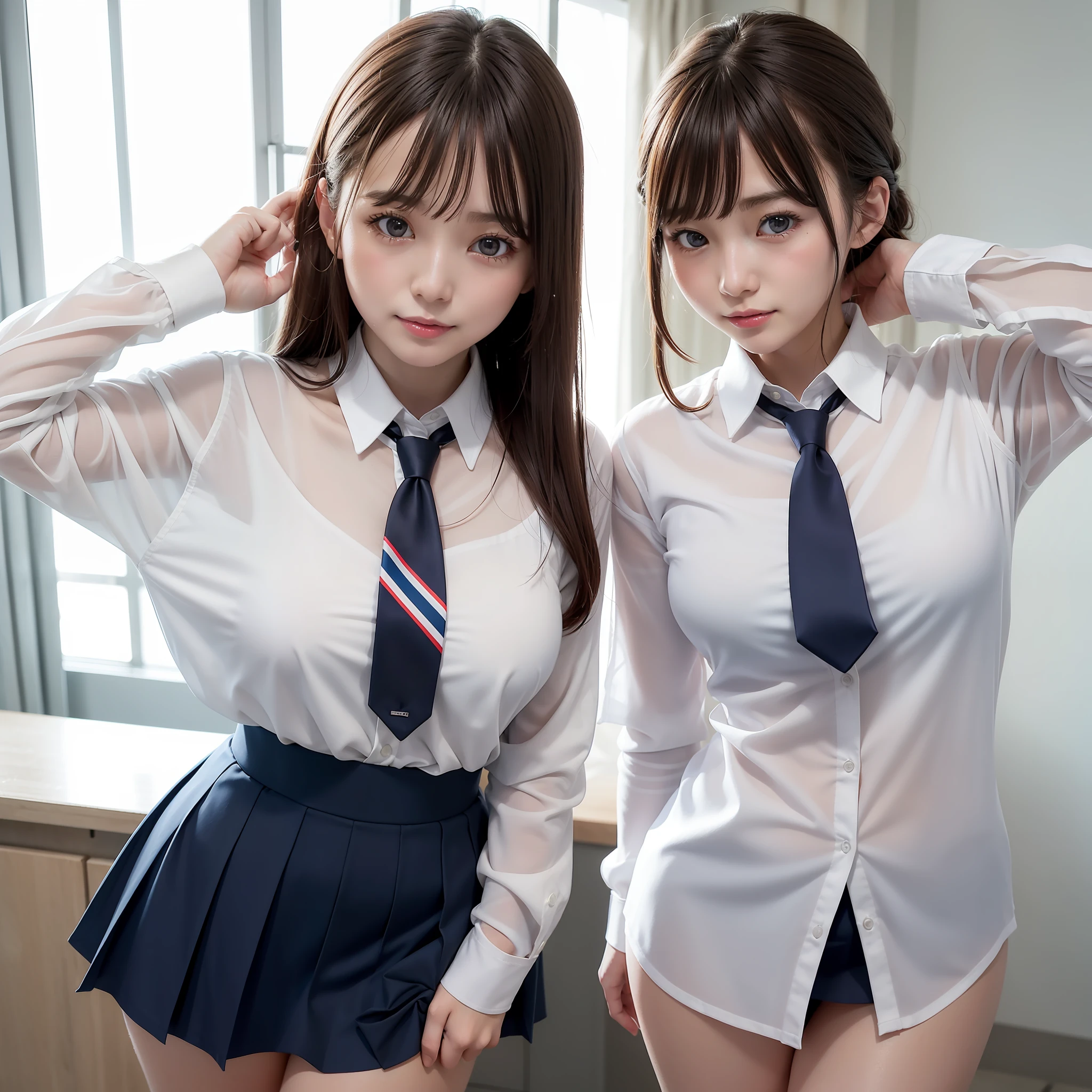 Two asian women in school uniforms posing for a picture - SeaArt AI