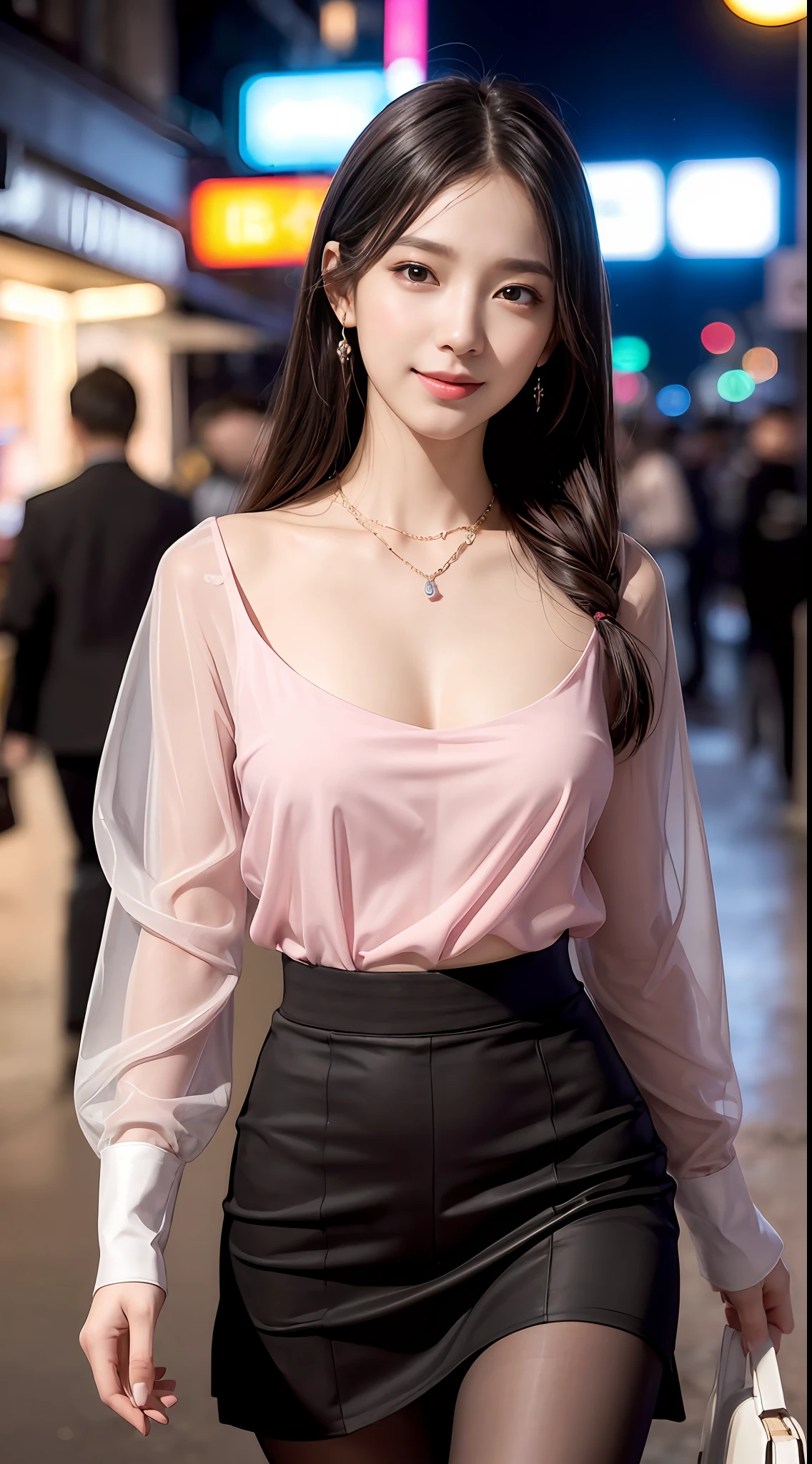 8k, masterpiece, RAW photo, best quality, photorealistic, extremely detailed CG unity 8k wallpaper, Depth of field, Cinematic Light, Lens Flare, Ray tracing, (extremely beautiful face, beautiful lips, beautiful eyes), intricate detail face, ((ultra detailed skin)) 1girl, in the dark, deep shadow, pretty korean girl, kpop idol,(very slim slender fit-muscled body:1.3), ((looking at viewer)),(big smile:1.3), (night, (neon sign), (blurry background), midnight, (without people in the background:1.3), pretty korean girl, white diamond earrings, bracelets, necklace, pantyhose, clear eyes, walking , front shot, (pale skin), face forward, (big eyes), full body shot, ((see through blouse)), (hot pink color blouse)), ((skirt)), (looking at viewer:1.3), very slim, medium breasts, Hermes bag