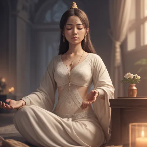 (((meditating))) real woman, meditating, both hands in medication posture, relaxing, (detailed facial features), intricate detai...