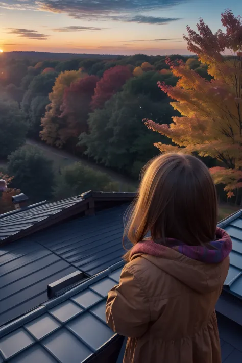 a little young girls looks at the sunset sky from a roof, autumn, fall colors, leaves, trees, sky, with autumn colors and Prussian blue, cyan, ultramarine, fuchsia, purple, lots of stars
