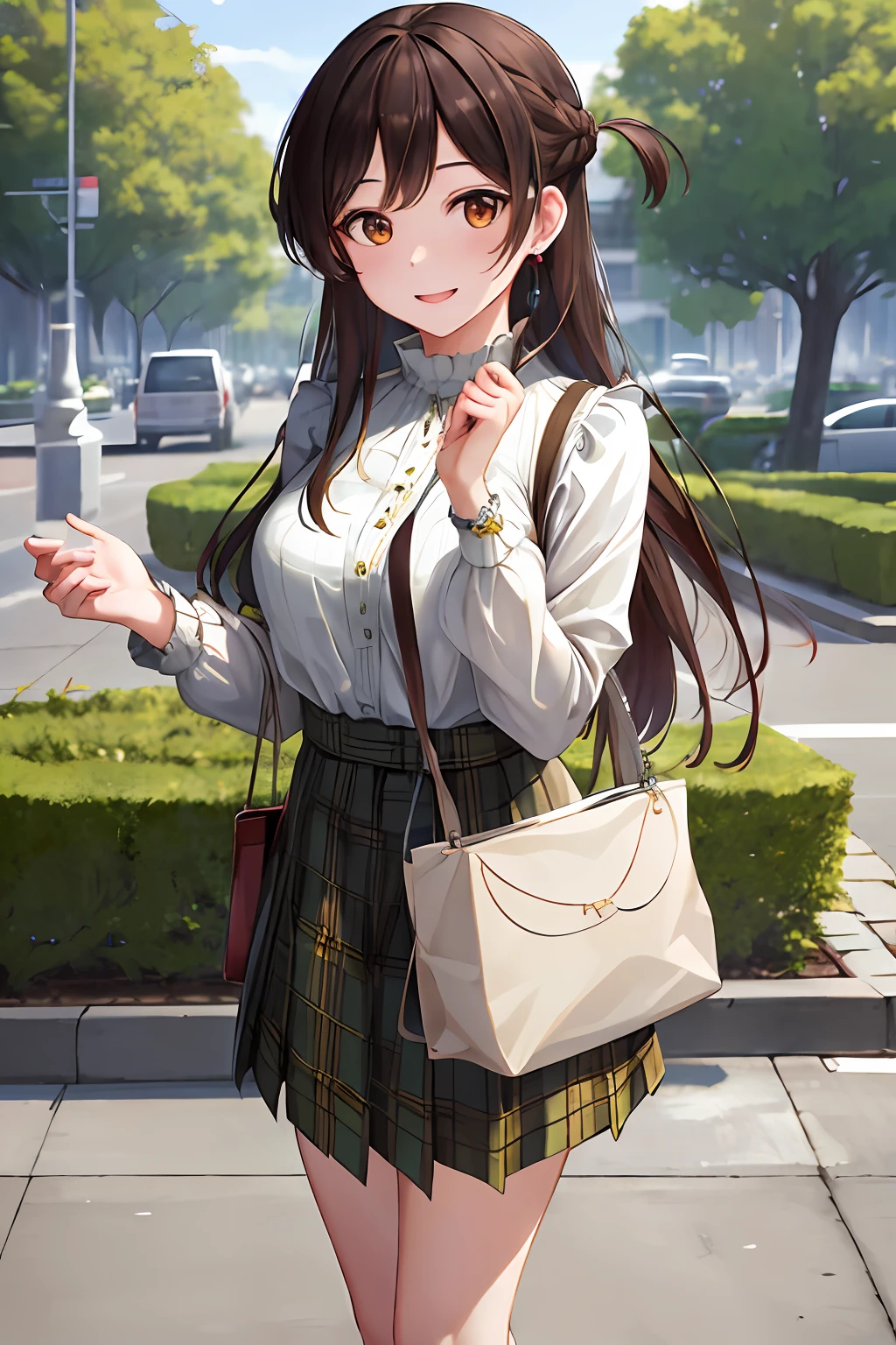 masterpiece, best quality, highres, chi1, 1girl, long hair, braid, one side up, solo, high neck plain white blouse, green plaid skirt knee length, bangs, outdoors, smile, earrings, holding a bag