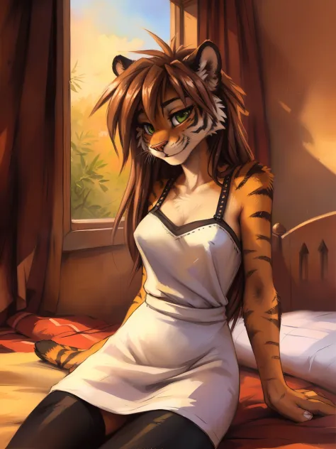 Tiger girl, sexy, sensual, uploaded to E621, beautiful and detailed portrait of an anthropomorphic tiger ((female))) uploaded to E621, ((by fluff-kevlar, by Zackary911, by Kenket, by Kilinah, by fluff-kevlar)), Brown hair, green eyes, black high stockings,...