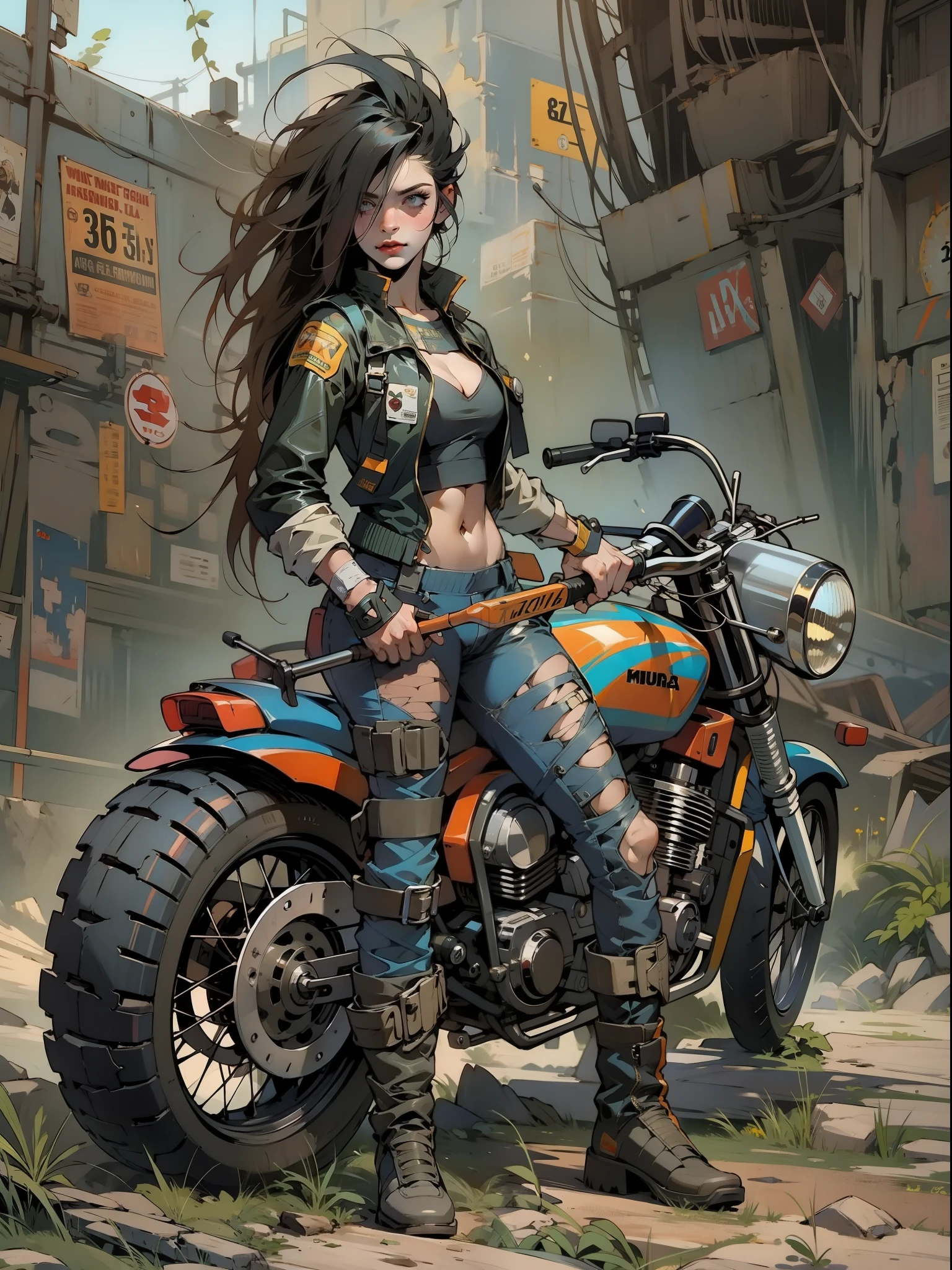 Um guerreiro pós-apocalíptico, close em uma mulher de 35 anos quase nua no estilo Simon Bisley em uma motocicleta futurista usada pelo tempo;, cabelo moicano colorido, Roupas mínimas, roupas curtas,