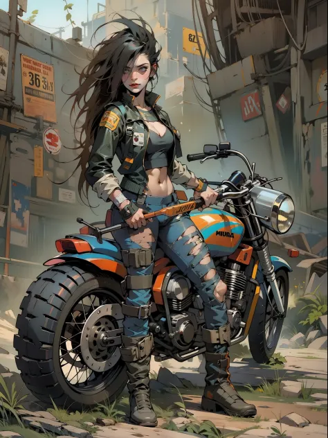 A post-apocalyptic warrior, close em uma mulher de 35 anos quase nua no estilo Simon Bisley em uma motocicleta futurista usada p...