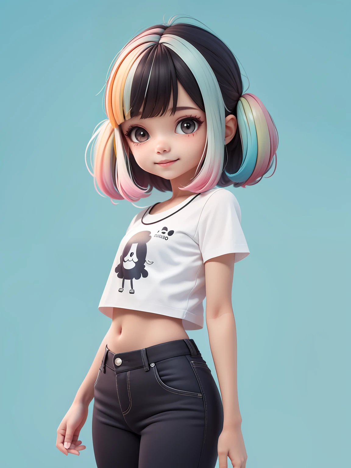 (Masterpiece artwork), (best qualityer), (ultra detali), (fully body: 1.2)   blonde, black, pants and mini blouse, clear smile, fully body, :3, multicolor hair, 小柄, prisoner, dread, moderno, Modern accessories, pastel tone background , colorful and simple.