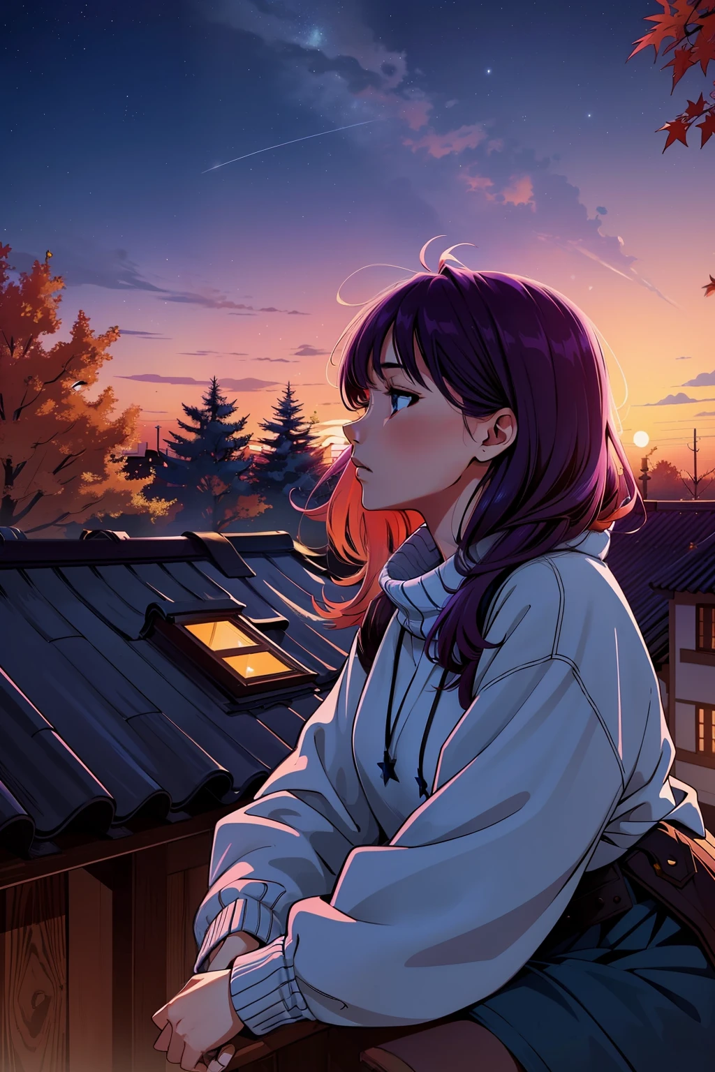 a young girls looks at the sunset Himmel from a roof, Herbst, Herbstfarben, Blätter, Bäume, Himmel, with Herbst colors and Prussian blue, cyan, ultramarin, Fuchsie, lila, Viele Stars