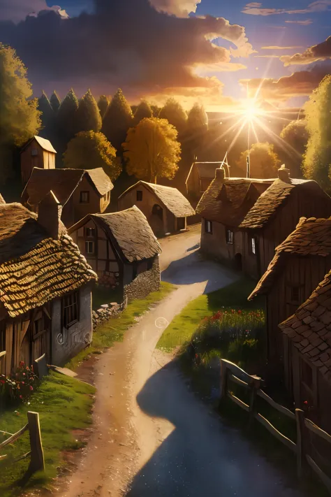 award winning movie still photograph depicting a small old medieval village at dawn, sun is shining trough the clouds, cinematic...