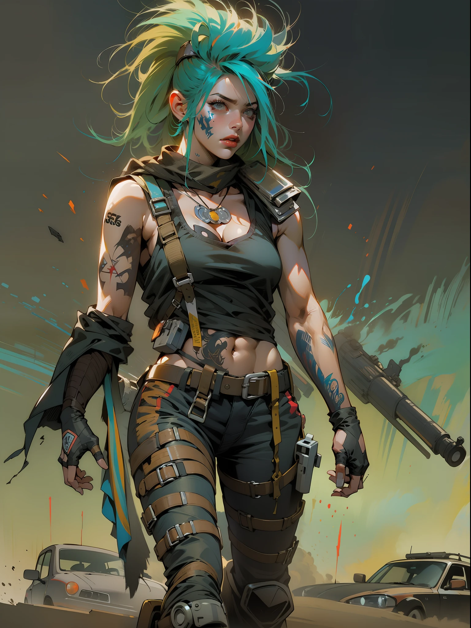 A post-apocalyptic warrior, close-up of a nearly naked Simon Bisley-style 35-year-old woman in a time-worn futuristic Mad Max-style car;, colored mohawk hair, Minimum clothing, short clothing, rage2vehicle