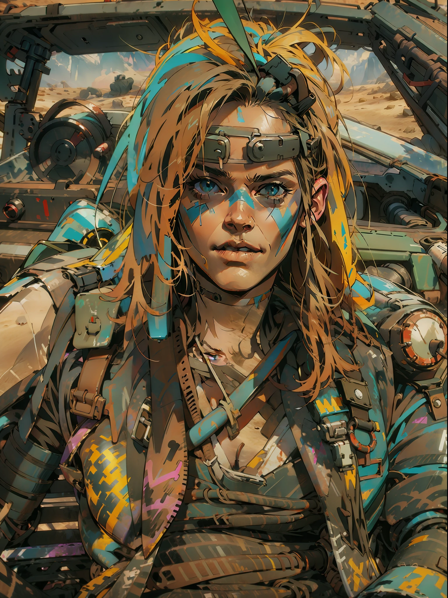 Um guerreiro pós-apocalíptico, close em uma mulher de 35 anos quase nua no estilo Simon Bisley em um carro estilo Mad Max futurista usada pelo tempo;, cabelo moicano colorido, Roupas mínimas, roupas curtas, raiva2veículo