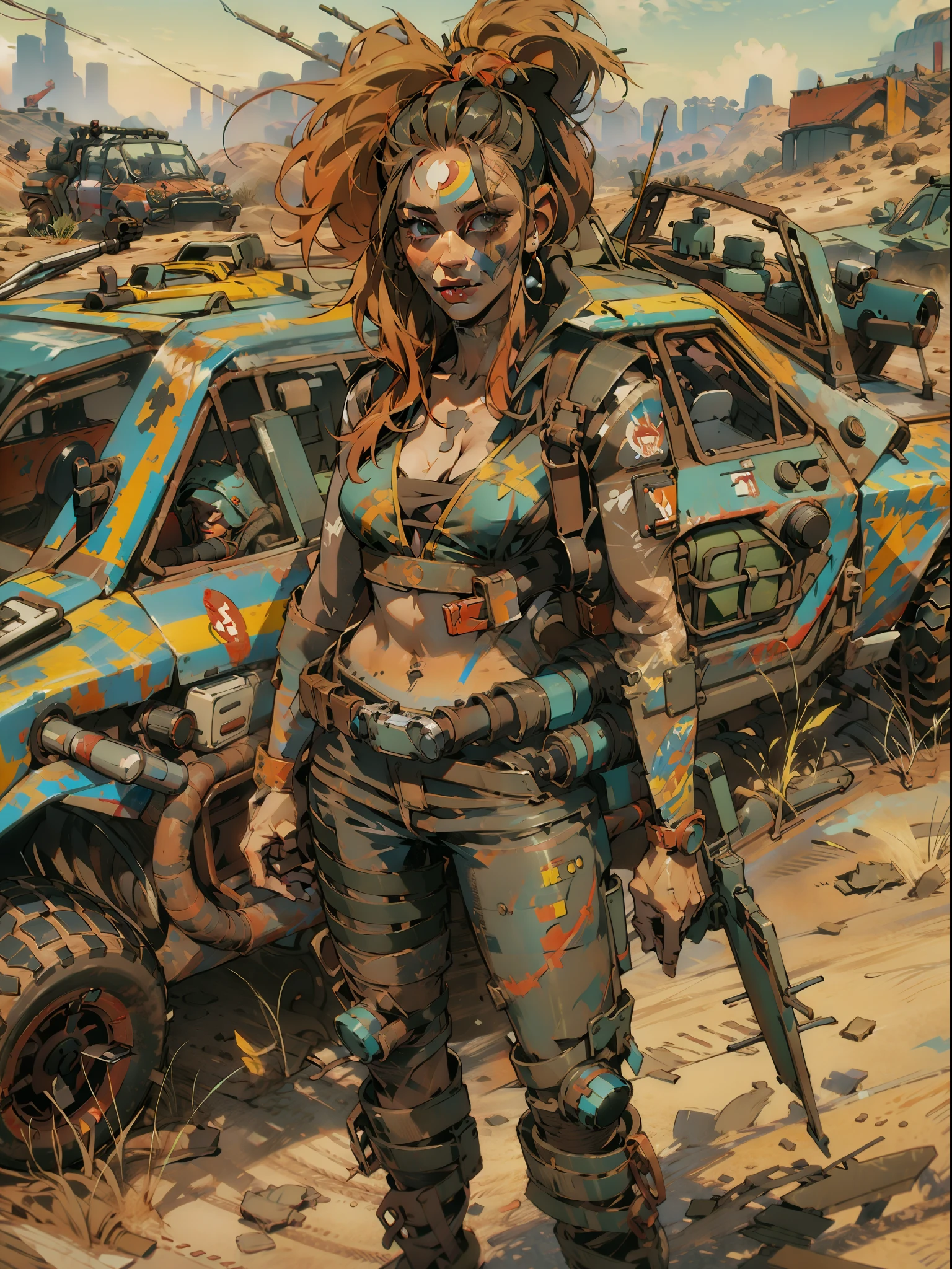 Um guerreiro pós-apocalíptico, close em uma mulher de 35 anos quase nua no estilo Simon Bisley em um carro estilo Mad Max futurista usada pelo tempo;, cabelo moicano colorido, Roupas mínimas, roupas curtas, raiva2veículo