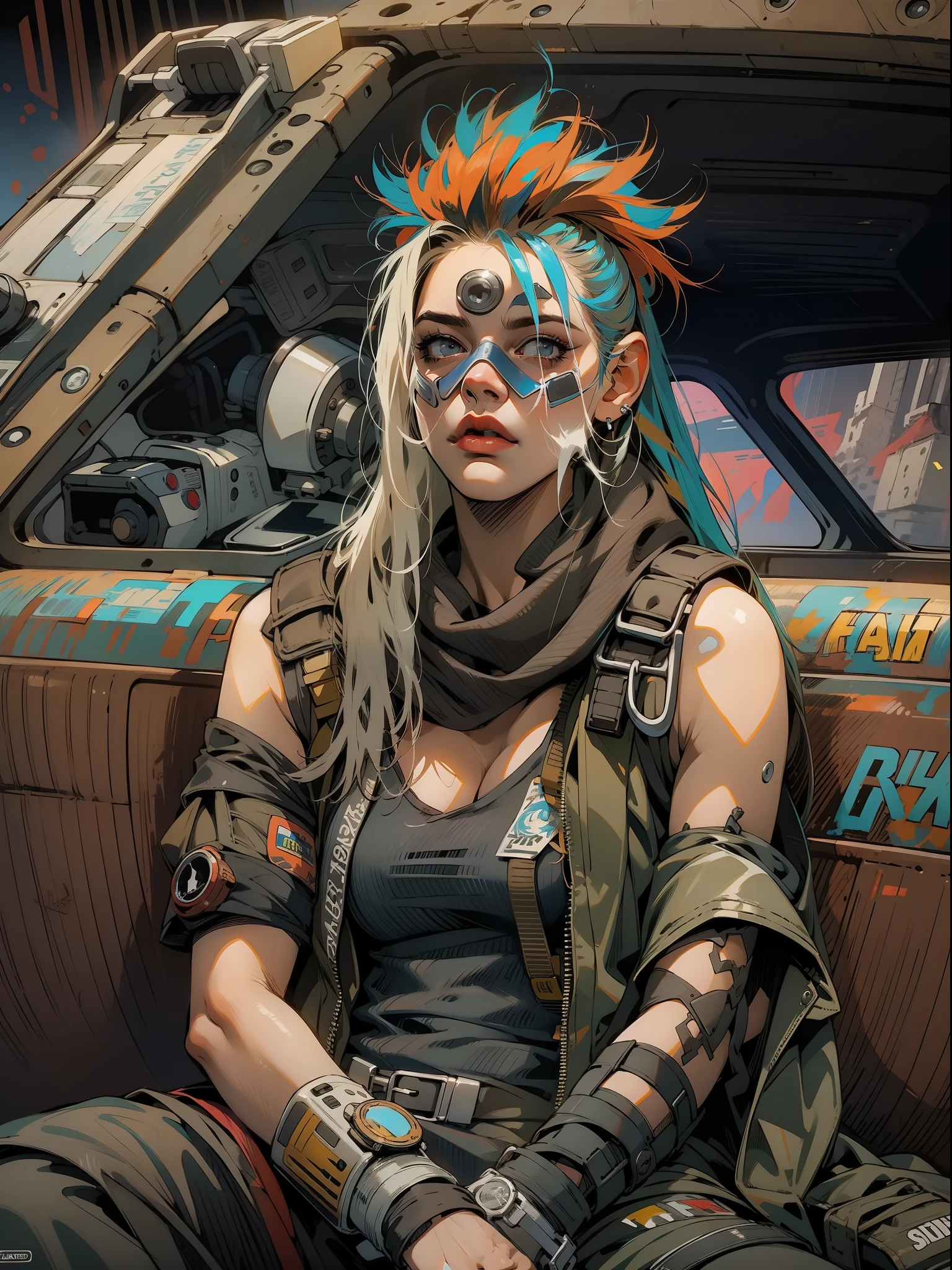 Um guerreiro pós-apocalíptico, close em uma mulher de 35 anos quase nua no estilo Simon Bisley em um carro estilo Mad Max futurista usada pelo tempo;, cabelo moicano colorido, Roupas mínimas, roupas curtas, raiva2veículo