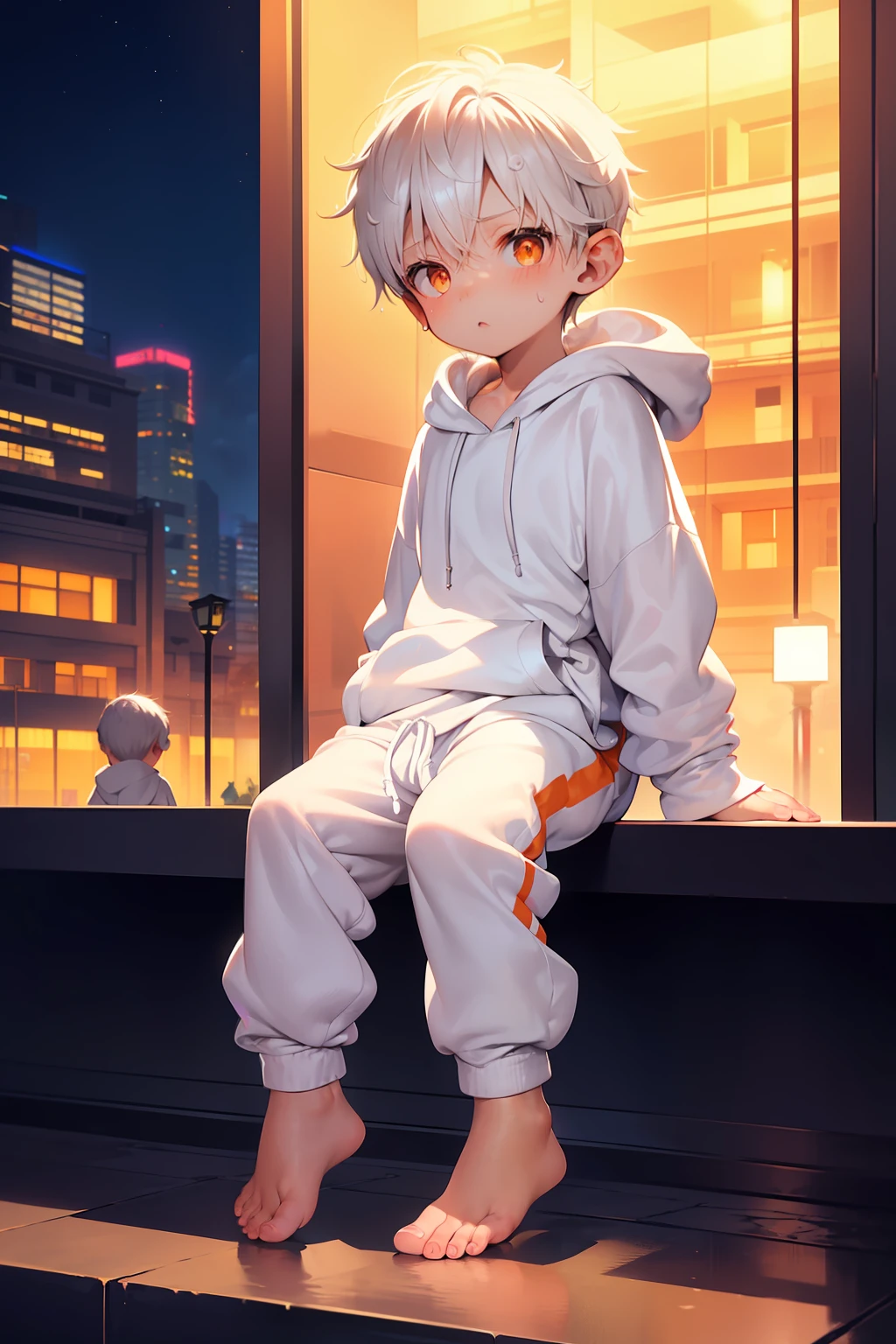 2 Little 男生s with White hair and shiny orange eyes and barefoot and 小的 feet wearing a oversized 连帽衫 and 运动裤 sitting on a window ledge, 脸红, 流口水, 年轻的, 男生, 孩子, 小的, 学步的儿童, 小脚, (运动裤:1.4), (年轻的:1.4), (孩子:1.4), (翔太:1.4), (连帽衫:1.4), (夜晚:1.6)