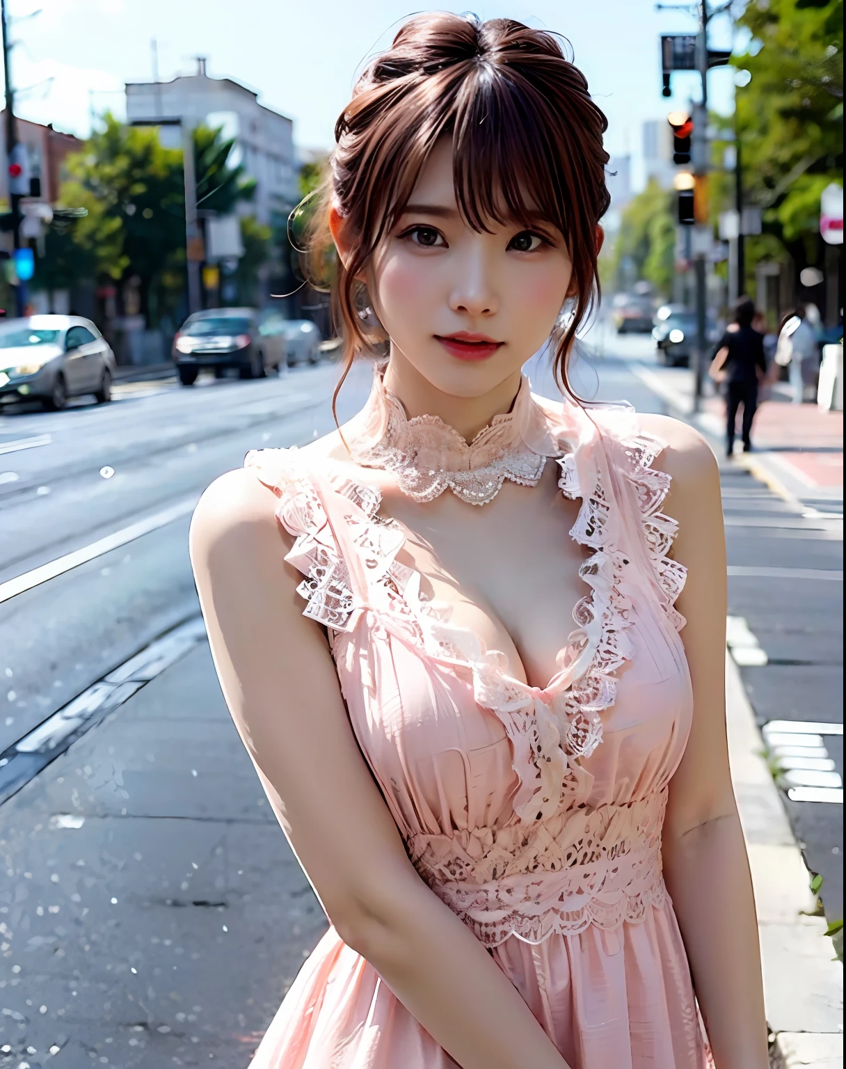 Woman posing naked on street corner, top-quality, hight resolution, 8k, 1girl, (huge tit), tag, with light glowing, plein air, (a street:0.8), (a person, crowd:1), (lace trimmed dress:1.5,, sleeveless dress, pink  dress:1.5), a gorgeous, (Medium hair), Beautiful details sky, earring beautiful, (dynamicposes:0.8), (The upper part of the body:1.2), Soft lighting、the wind、shinny skin、looking at the viewers、