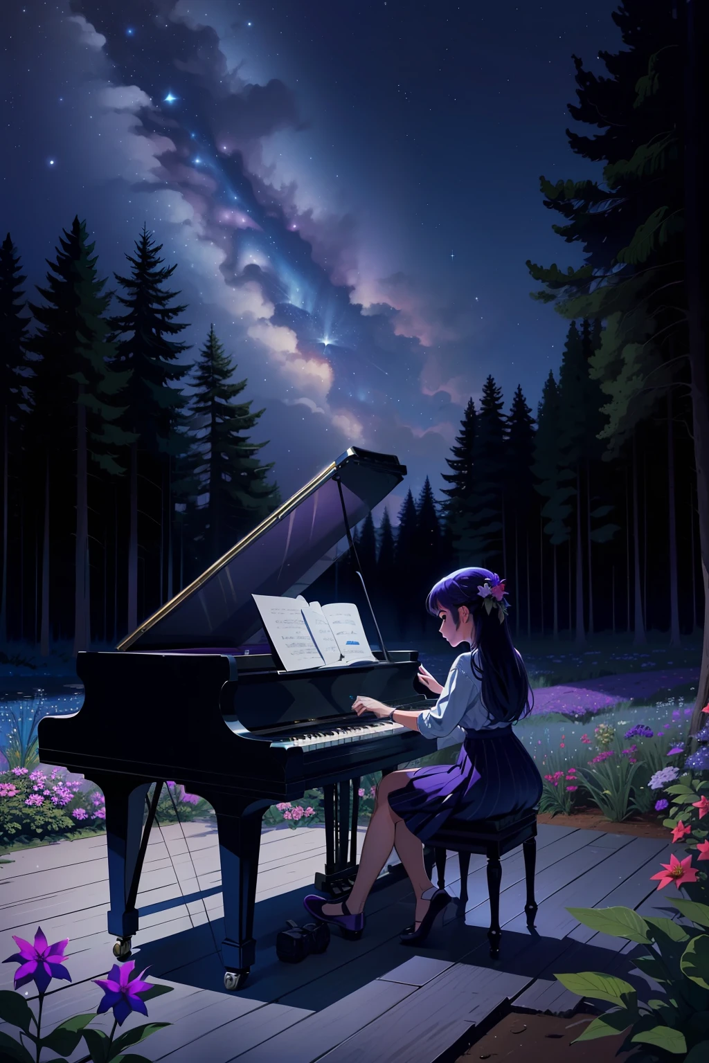 一个女孩在树林中间弹钢琴, 天空是夜间的，有以下颜色, 普魯士藍, 青色, 群青, 紫紅色, 紫色的, 很多明星, 森林里的动物们聚集在女孩身边听她的音乐 . s, 有一條小溪，水清澈，是的，看到底部, 有花, 图片必须很大并且必须很详细.