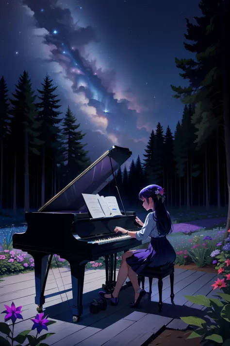 a girl plays the piano in the middle of a wood, the sky is nocturnal with the following colours, prussian blue, cyan, ultramarin...