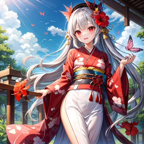 With long silver hair、red eyes、One pretty girl、独奏、animesque、Kimono、hibiscus、butterflys々
