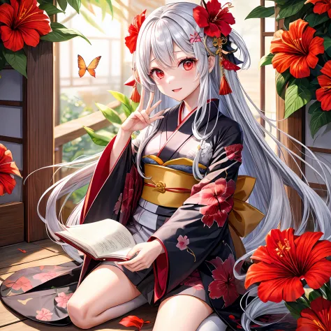 With long silver hair、red eyes、One pretty girl、独奏、animesque、Kimono、hibiscus、butterflys々