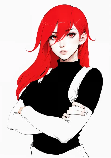 Mulher elfa de cabelos ruivos, wearing a black shirt with arms crossed and white pants, seios vastos, e uma marca no rosto. Desenhos estilo anime
