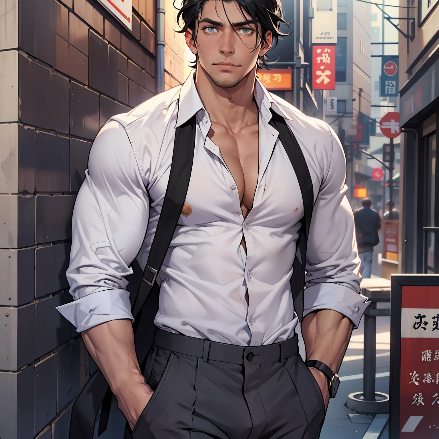 Anime man in a white shirt and suspenders standing in a narrow alley ...