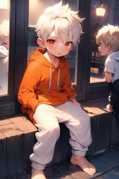 2 Little boys with White hair and shiny orange eyes and barefoot and small feet wearing a oversized hoodie and sweatpants sittin...