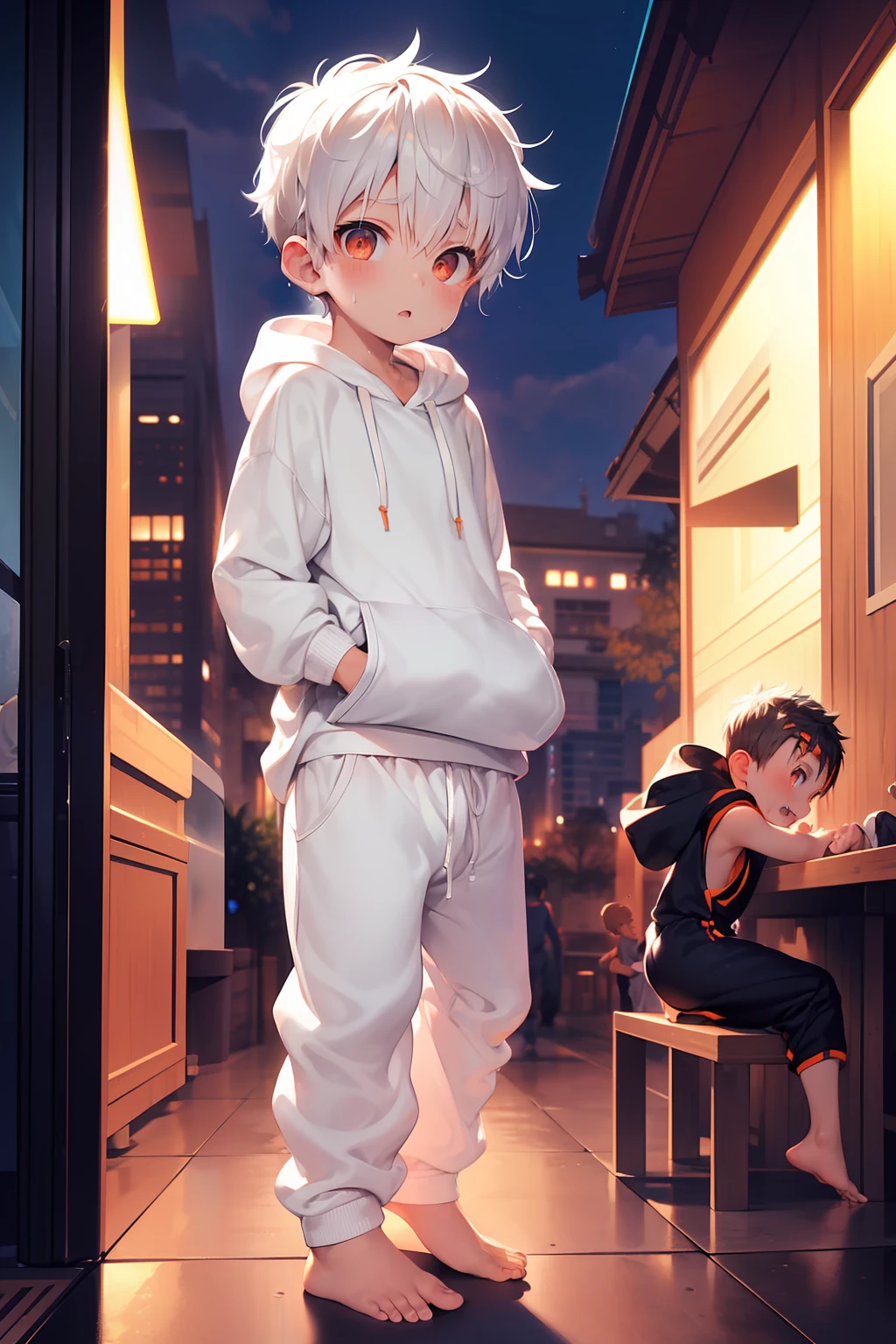 2 Little garçons with White hair and shiny orange eyes and barefoot and petit feet wearing a oversized sweatshirt à capuche and les pantalons de survêtement sitting on a window ledge, rougir, baver, jeune, garçon, enfant, petit, enfant en bas âge, petits pieds, (les pantalons de survêtement:1.4), (jeune:1.4), (enfant:1.4), (Shota:1.4), (sweatshirt à capuche:1.4), (nuit:1.4)