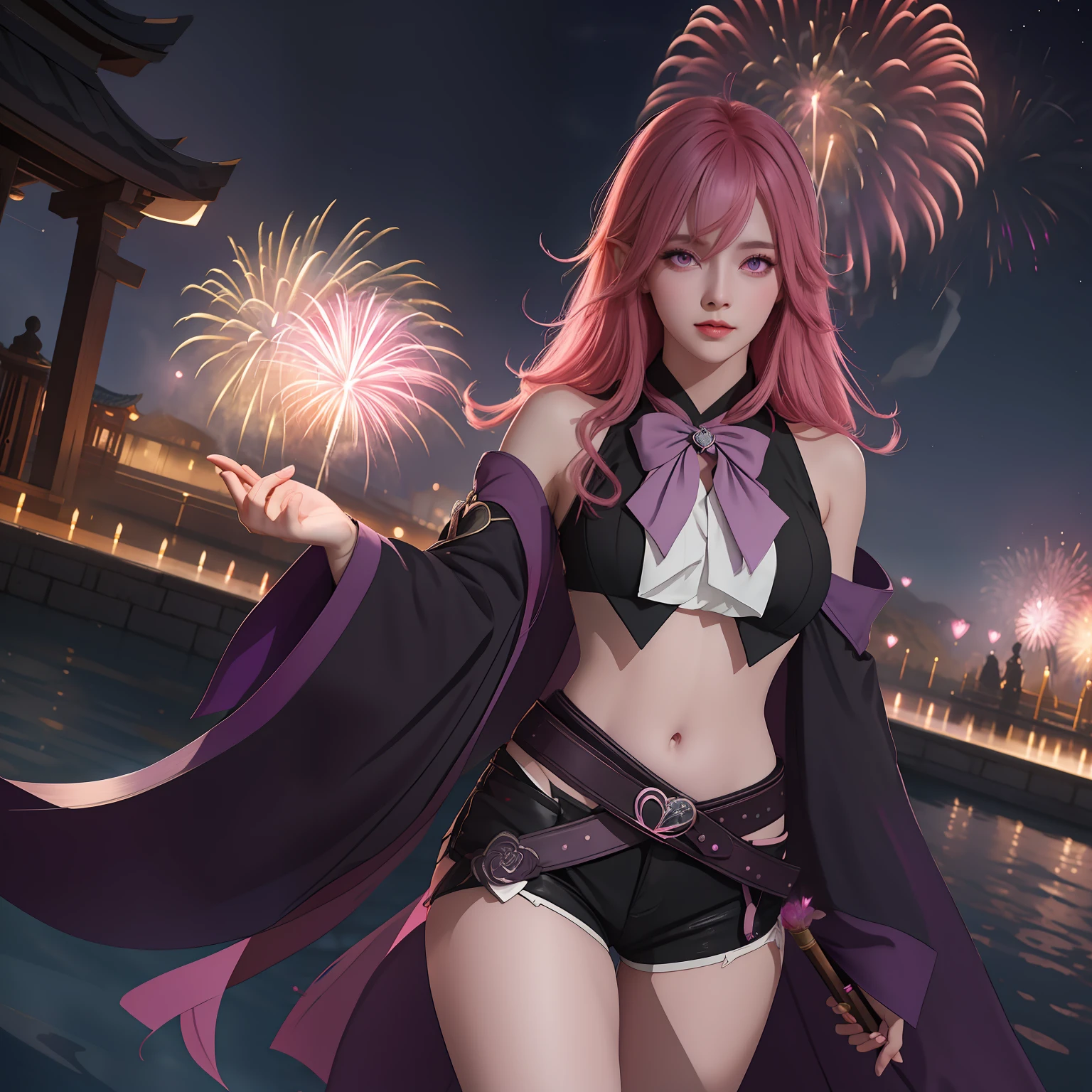 Keera, 1girl, pink hair, hair spread out, hair between eyes, very long hair, bowtie, parted lips, pointy ear, purple eyes, sleeves past wrists, black sleeves, black shorts, belt, detached sleeves, ahoge, heart necklace, navel, smile, looking at viewer, lily \(flower\),(fireworks),(aerial fireworks),firework background,(night),shrine,lake, light reflection \(water\), standing, from below,fiction art, RAW photo, hanfu picture, best photo, best photo quality, 8k quality, 8k ultra, super realistic, real photo most economical, the goddess poses sexy and seductive,