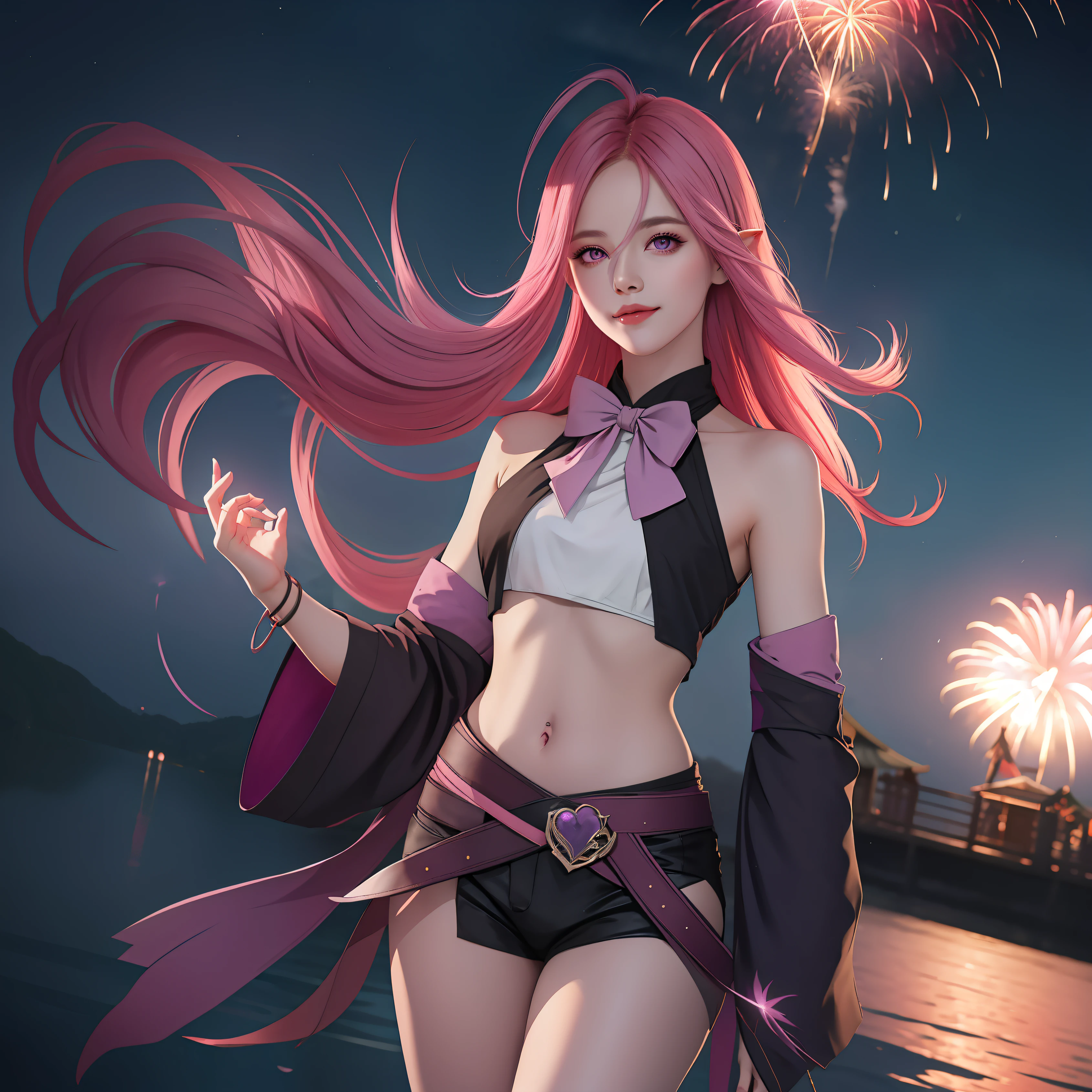 Keera, 1girl, pink hair, hair spread out, hair between eyes, very long hair, bowtie, parted lips, pointy ear, purple eyes, sleeves past wrists, black sleeves, black shorts, belt, detached sleeves, ahoge, heart necklace, navel, smile, looking at viewer, lily \(flower\),(fireworks),(aerial fireworks),firework background,(night),shrine,lake, light reflection \(water\), standing, from below,fiction art, RAW photo, hanfu picture, best photo, best photo quality, 8k quality, 8k ultra, super realistic, real photo most economical, the goddess poses sexy and seductive,