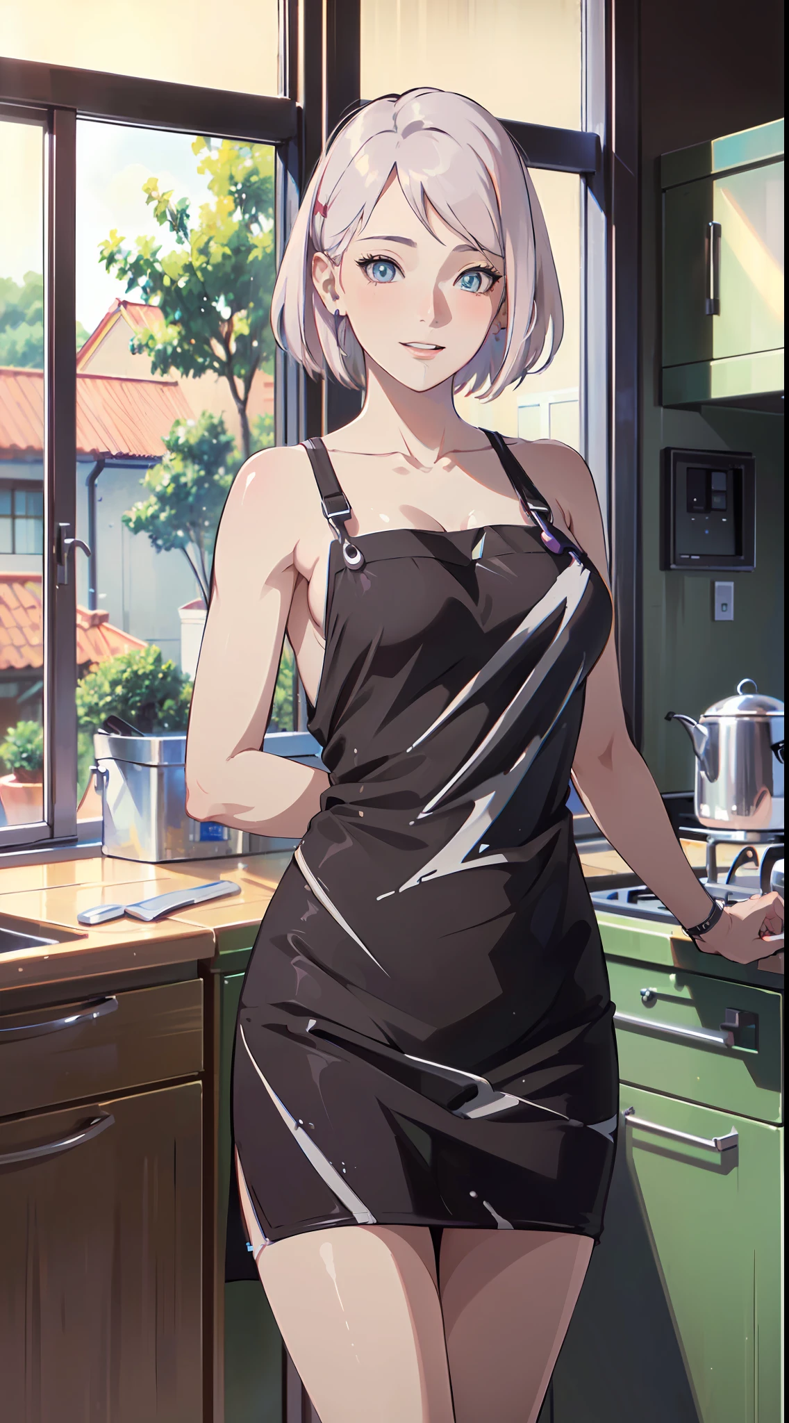 ((((masterpiece, best quality, high resolution)))), 1girl, white hair, purple eyes, bob cut, wavy hair, average breasts, blush, light smile, parted lips, glow, thighs, bare shoulders, collarbone, narrow waist, cleavage, (masterpiece), (beautiful detailed face, beautiful detailed eyes), (naked apron, kitchen, arms behind back,)