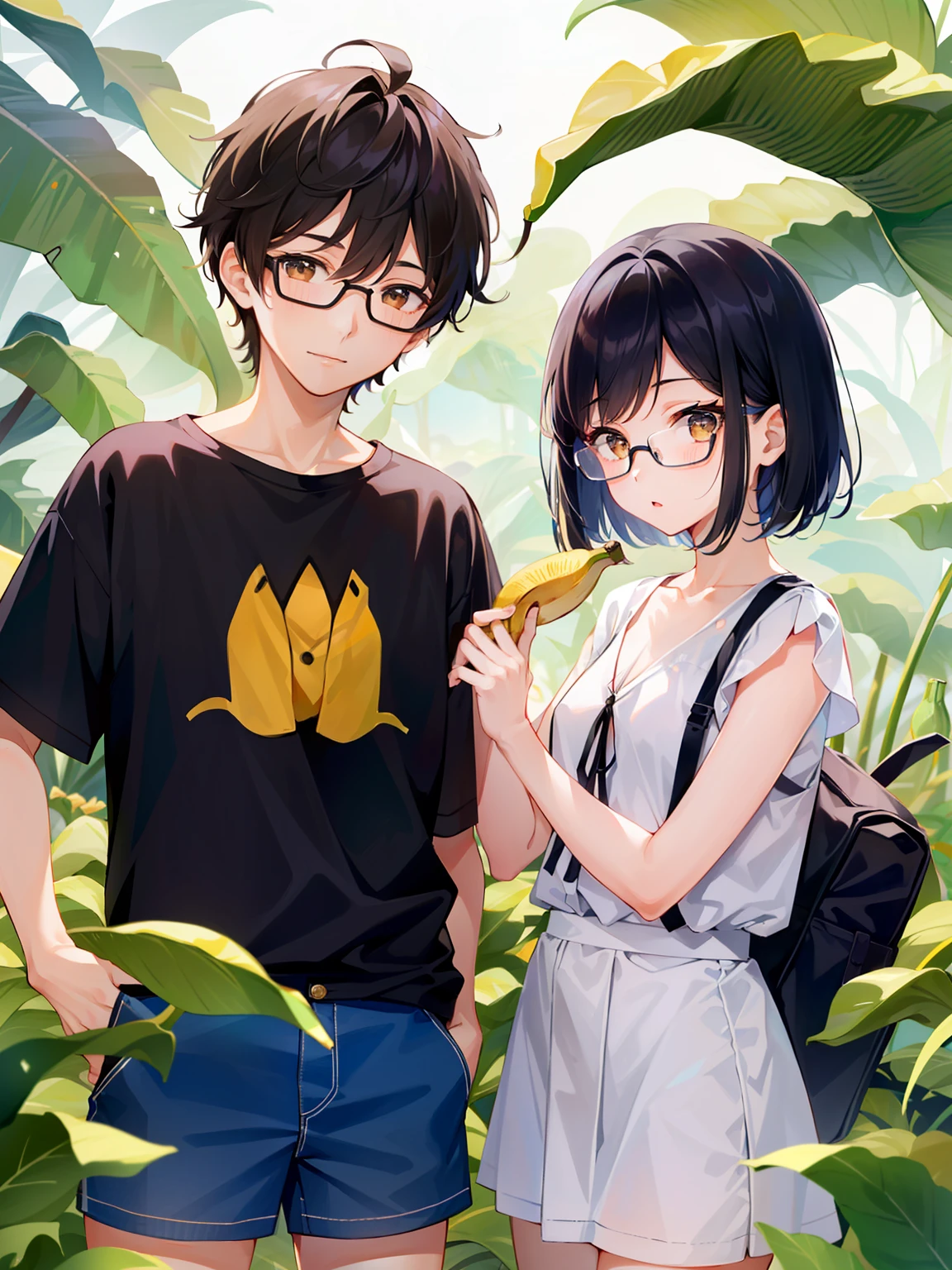 (girl with、独奏、a junior high school student、A dark-haired、short-hair、straight haired、Light brown eyes、hair adornments、wearing black glasses、cute  face)、​masterpiece、best qualtiy、jungles、Lots of bananas、ripped clothing