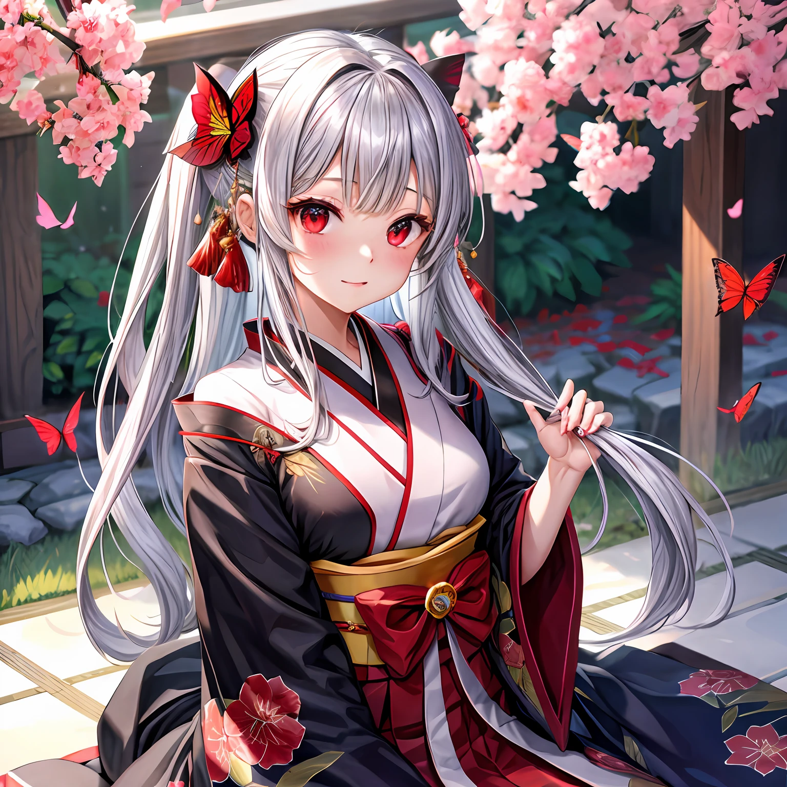 silber hair、Hair is up、red eyes、One pretty girl、solo、animesque、dark colored kimono、flower  field、butterflys々、