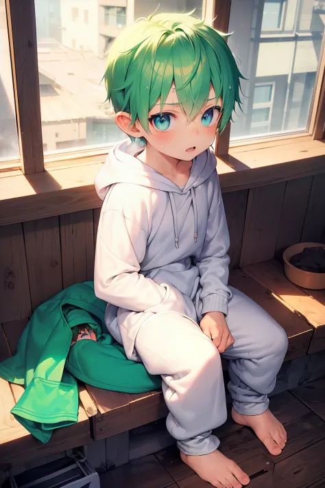 2 Little boys with Green hair and shiny bright blue eyes and barefoot and small feet wearing a oversized hoodie and sweatpants s...