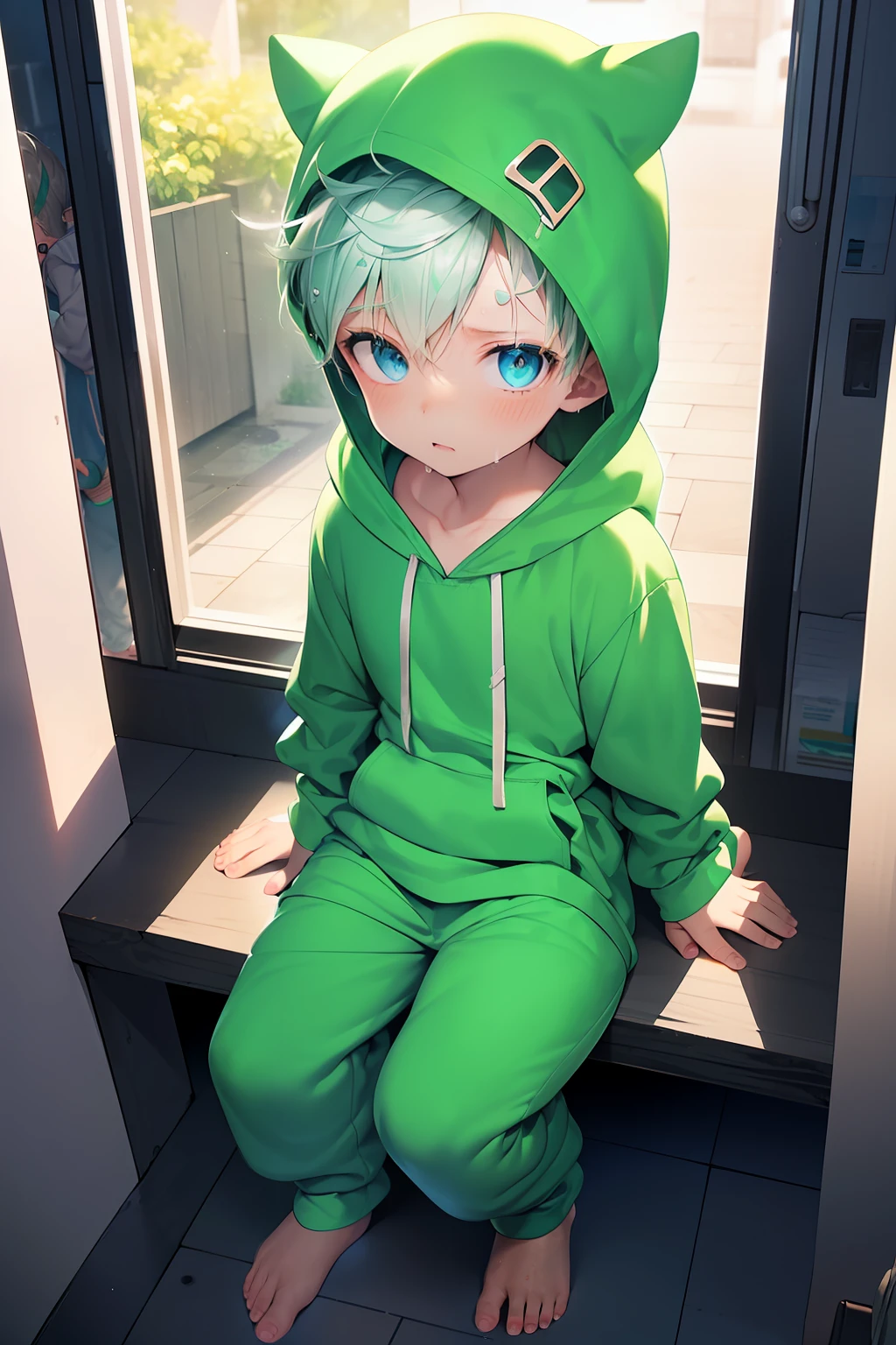 2 Little boys with Green hair and shiny bright blue eyes and barefoot and small feet wearing a oversized hoodie and sweatpants sitting on a window ledge, blushing, drooling, young, boy, child, small, toddler, tiny feet, (sweatpants:1.4), (young:1.4), (child:1.4), (shota:1.4), (hoodie:1.4),