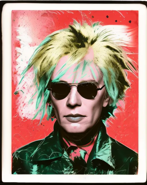 imagem de um homem ((andy warhol)) unkempt hair and sunglasses, o estilo de andy warhol, estilo de andy warhol, por warhol, dire...